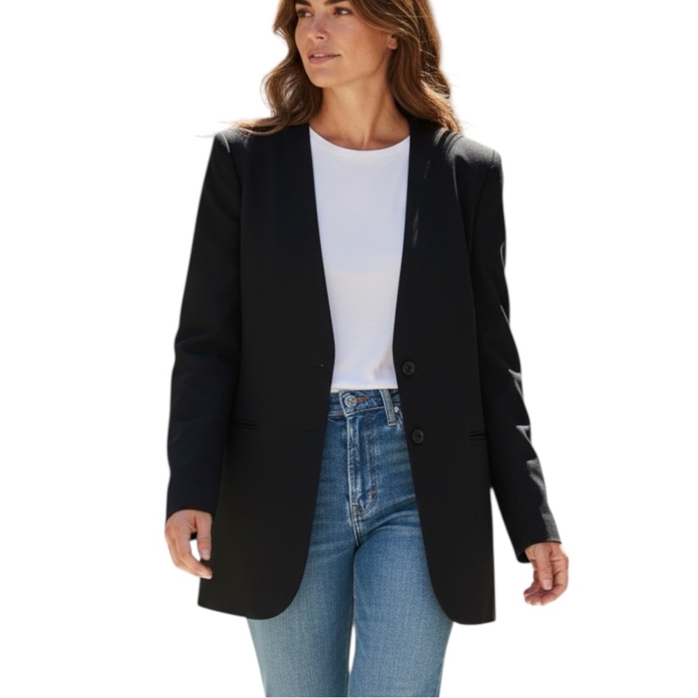VTG Liz Claiborne Black Wool Long Line Button-up Collarless Blazer - Size 14